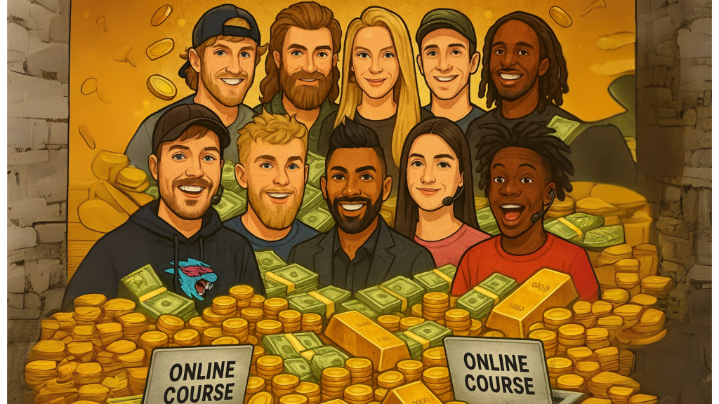 People smiling in a vibrant part of a money-themed mural, representing financial success and online learning.